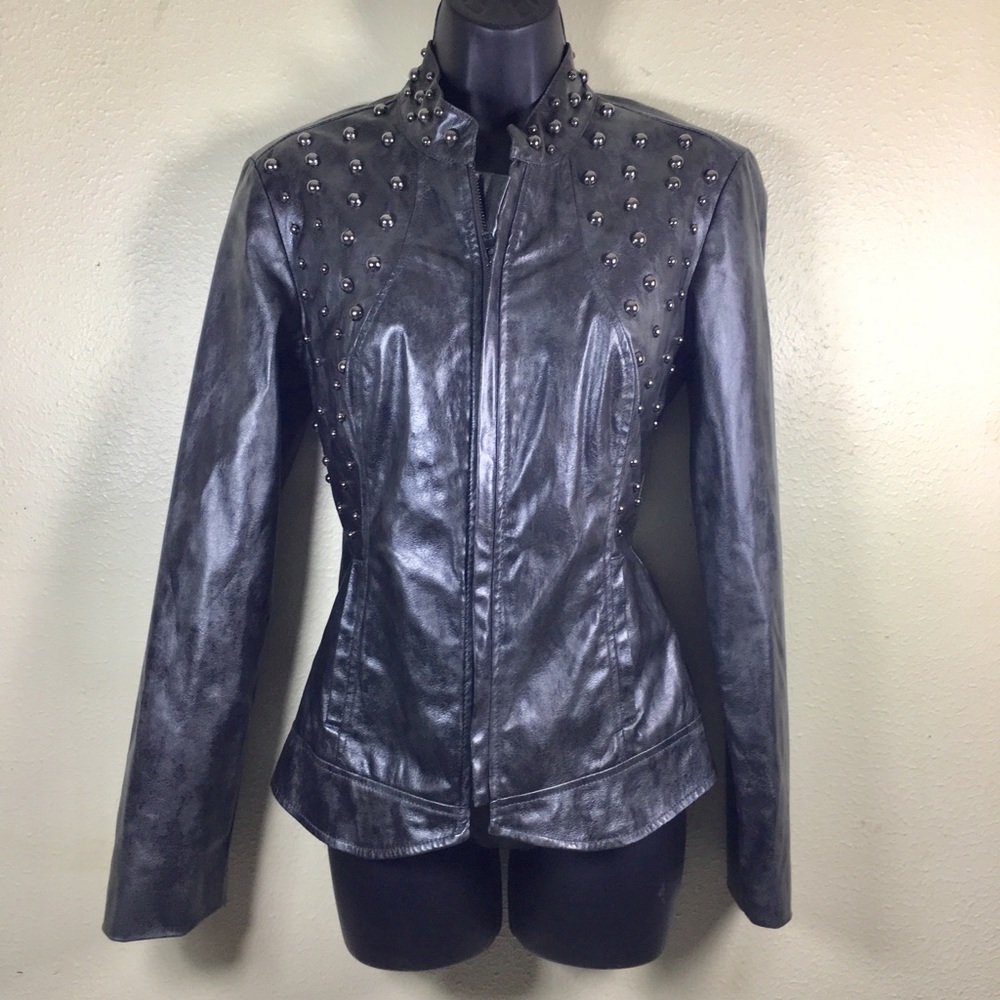 Cristina V Faux Leather Gray Stud Jacket Size M